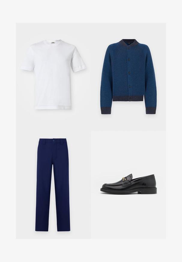 Cárdigan azul de punto con un patrón texturizado, cuello redondo y cierre de botones. Presenta puños y dobladillo acanalados con acentos en azul más oscuro.; Camiseta de algodón blanca con mangas cortas, escote redondo y una textura suave. No se observan patrones ni detalles.; Pantalones azul marino con botón y cremallera, corte recto, parte delantera lisa y bolsillos laterales; fabricados en una tela suave y ligera.; Mocasines de cuero negro con punta redondeada, que cuentan con un detalle de herrajes dorados y costuras, situados sobre una suela de goma texturizada y baja.
