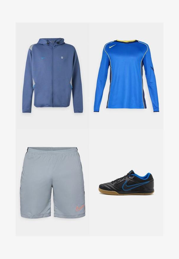 Sweat à capuche zippé bleu avec cordons réglables, petit logo Nike sur la poitrine gauche, et accents gris et bleus sur les épaules et les poches.; T-shirt de sport à manches longues en bleu vibrant, avec des accents jaunes et une texture en mesh sur les côtés. Logo Nike affiché sur la poitrine.; Shorts de sport gris clair avec des panneaux latéraux noirs, une taille élastique et un ourlet en maille texturée. Présente un logo Nike orange sur la jambe gauche.; Chaussure de sport noire avec des accents bleus, tige synthétique texturée, fermeture à lacets et semelle en caoutchouc naturel. Présente un détail de logo latéral proéminent.