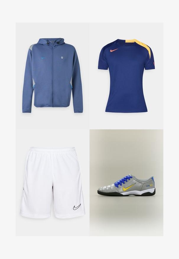Blå hættetrøje med lynlås og hætte med justerbare snore, lille Nike-logo på venstre bryst og grå og blå accenter på skuldre og lommer.; Mørkeblå sports T-shirt med korte ærmer, gult skulderpanel og rødt Nike-swoosh på brystet og ærmet.; Hvide atletiske shorts lavet af fugttransporterende stof, med en elastisk talje og sort Nike-logo på venstre side.; Grå Nike Total 90 indendørs fodboldsko med gul swoosh, blå snørebånd og sort sål på en neutral baggrund.