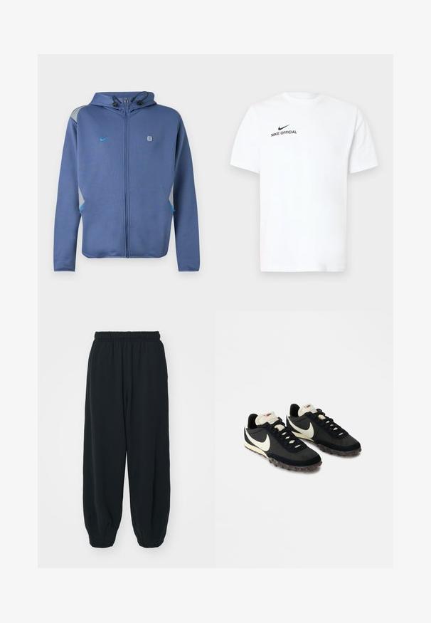 Modrá mikina na zips s kapucňou a nastaviteľnými šnúrkami, malé logo Nike na ľavej strane hrudníka a sivé a modré akcenty na ramenách a vreckách.; Biele bavlnené tričko s krátkym rukávom. Na ľavej strane hrudníka je čierne logo "Nike Official" a čierny znak Swoosh.; Čierne tepláky s elastickým pásom, vo voľnom strihu, s manžetami na členkoch, hladkej textúry a bez viditeľných vzorov alebo kovových doplnkov.; Čierne športové topánky s textúrovaným zvrškom, bielym logom Swoosh a gumovou podrážkou s malými hrotmi pre lepšiu trakciu. Krémový golier.