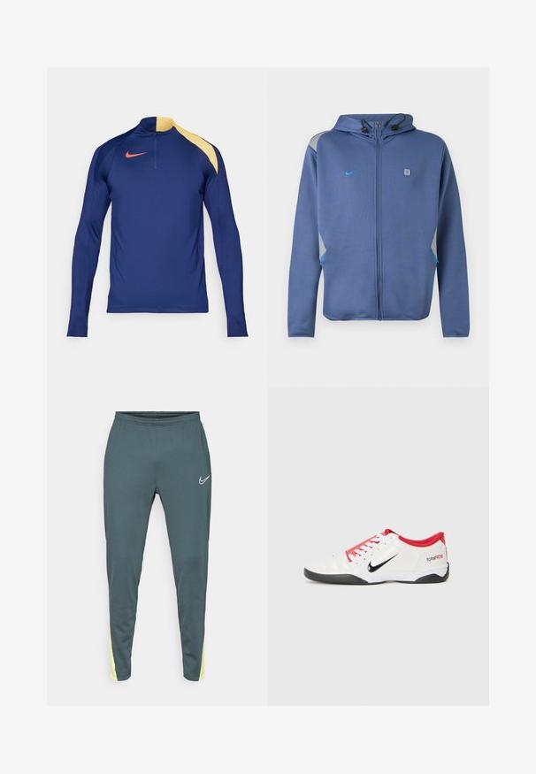 Blauwe hoodie met rits en capuchon met verstelbare koordjes, klein Nike-logo op de linkerborst, met grijze en blauwe accenten op schouders en zakken.; Marineblauw sportshirt met lange mouwen, een gele schouderaccent, een half-rits kraag en een rood Nike swoosh logo op de borst.; Donker teal sportbroek met een elastische tailleband, taps toelopende benen en heldergele accenten aan de zijkanten. Heeft een wit logo aan de voorkant.; Witte sportieve schoen met rode accenten, zwart Swoosh-logo en gestructureerd ontwerp. Bevat witte veters en een zwarte buitenzool. Tekst leest "total90."