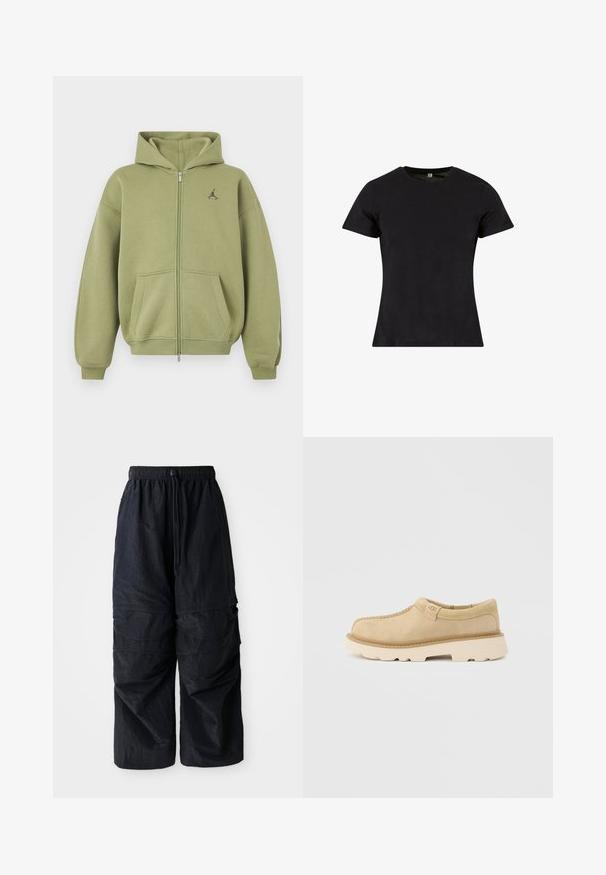 Oliviroheline lukuga dressipluus ees taskute, soonikkoes mansettide ja äärega, kapuutsiga ning väike must logo ülemisel vasakul rinnal.; Mister Tee Lihtne T-särk - black; Mustad must have elastse pahklpüksid reguleeritava paelaga ja mitme kihilise taskuga jalgadel.; Beežist seemisnahast libisev jalanõu, millel on paks valge tallaosa ja UGG logo küljetihvlil, eksponeeritud lihtsal helehallil taustal.