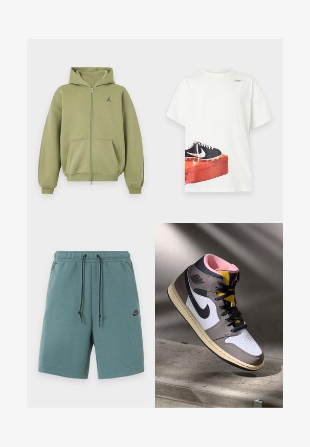 Olivengrøn hættetrøje med lynlås, forlommer, ribstrikkede manchetter og kant, hætte og lille sort logo på øverste venstre bryst.; Hvid T-shirt med korte ærmer med et trykt sort Nike-fodboldstøvlemotiv på en slidt rød skoeske tæt på sømmen og et lille logo nær halsudskæringen.; Nike-shorts i blågrøn farve med sort snøre, elastisk linning, sidelommer og lille sort Nike-logo på venstre lår.; Høj-top Nike Air Jordan sneaker i hvid, grå og sort med pink indvendigt og gul tunge, placeret på en betonoverflade.