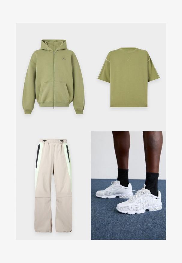 Olive green zip-up hoodie with front pockets, ribbed cuffs and hem, hood, and small black logo on upper left chest.; Olive green oversized short-sleeve T-shirt with crew neck and small stitched logo on center chest.; Beige pants with light green side panels, black zippered thigh pockets, and elastic waistband with black drawstrings.; White athletic shoes with mesh upper, textured accents, and cushioned sole. Paired with black ribbed ankle socks on a blue carpeted surface.