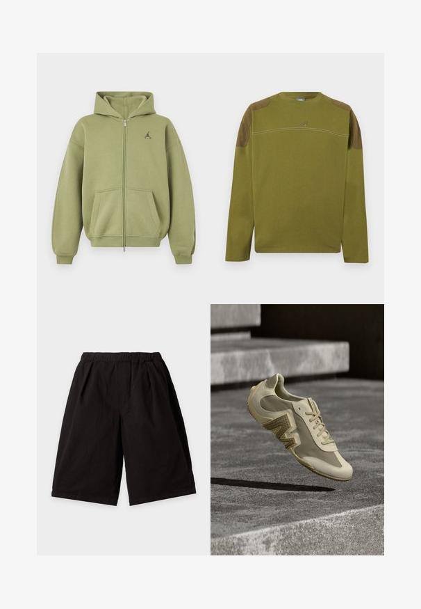 Olive green zip-up hoodie with front pockets, ribbed cuffs and hem, hood, and small black logo on upper left chest.; Olive green long-sleeve shirt with brown elbow patches, crew neck, subtle horizontal seam, and small embroidered New Balance logo on chest.; Black loose-fit knee-length shorts with elastic waistband and side pockets on a light background.; Beige sports shoe with a textured side panel, laces, and rounded toe, suspended over a concrete surface with contrasting shadows.