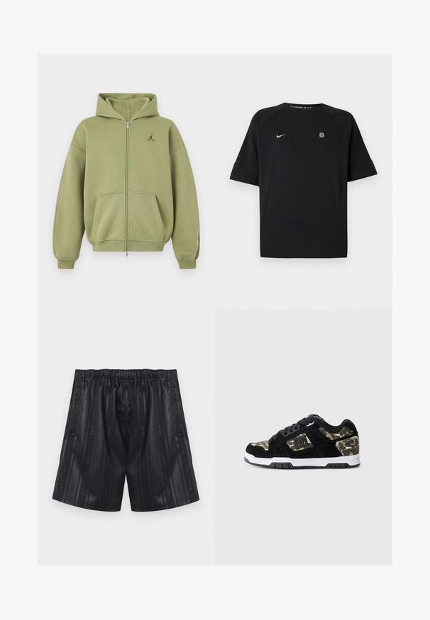 Olifgroene hoodie met rits, voorzakken, geribbelde manchetten en zoom, capuchon en klein zwart logo op de bovenste linkerborst.; Zwart Nike sportshirt met korte mouwen met wit swoosh-logo op de linkerborst en klein vierkant embleem op de rechterborst, effen achtergrond.; Zwarte sportkorte broek met elastische tailleband en verticale, subtiele strepen met herhalende "Nike"-logo's en swoosh-symbolen.; Zwarte suède sneaker met een camouflagemotief aan de zijkant, witte tussenzool en zwarte rubberen zool. Bevat veters en logo-details aan de zijkant.