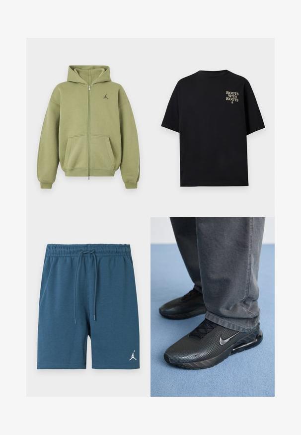 Olivengrøn hættetrøje med lynlås, forlommer, ribstrikkede manchetter og kant, hætte og lille sort logo på øverste venstre bryst.; Sort kortærmet t-shirt med beige tekst "BOOTS WITH ROOTS" og lille træ-logo på øverste venstre bryst.; Blå bomuldsshorts med elastisk linning og justerbar snøre. Har en hvid Jumpman-logo på nederste venstre side.; Sorte Nike træningssko med en struktureret overdel, perforerede detaljer og en synlig luftdæmpningsenhed, parret med grå bukser.