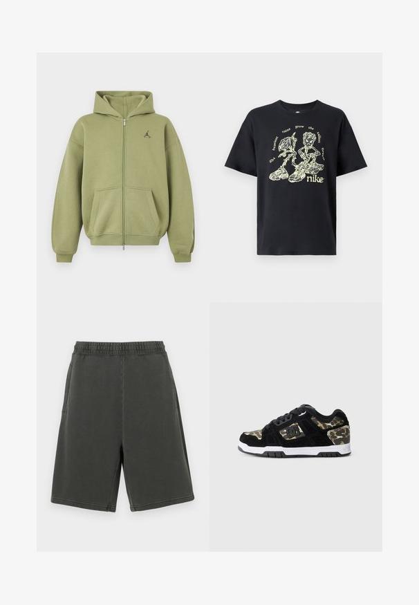 Sudadera con capucha verde oliva con cremallera, con bolsillos delanteros, puños y bajo de canalé, capucha y pequeño logo negro en la parte superior izquierda del pecho.; Camiseta de algodón negra con un diseño gráfico amarillo que muestra flores estilizadas y texto. Mangas cortas y un cuello redondo cómodo.; Pantalones cortos de mezcla de algodón gris con cintura elástica, dos bolsillos laterales y corte recto. Presentan dobladillos con doble costura.; Zapatilla de ante negra con patrón de camuflaje en el lateral, media suela blanca y suela exterior de goma negra. Presenta cordones y detalle del logo en el lateral.