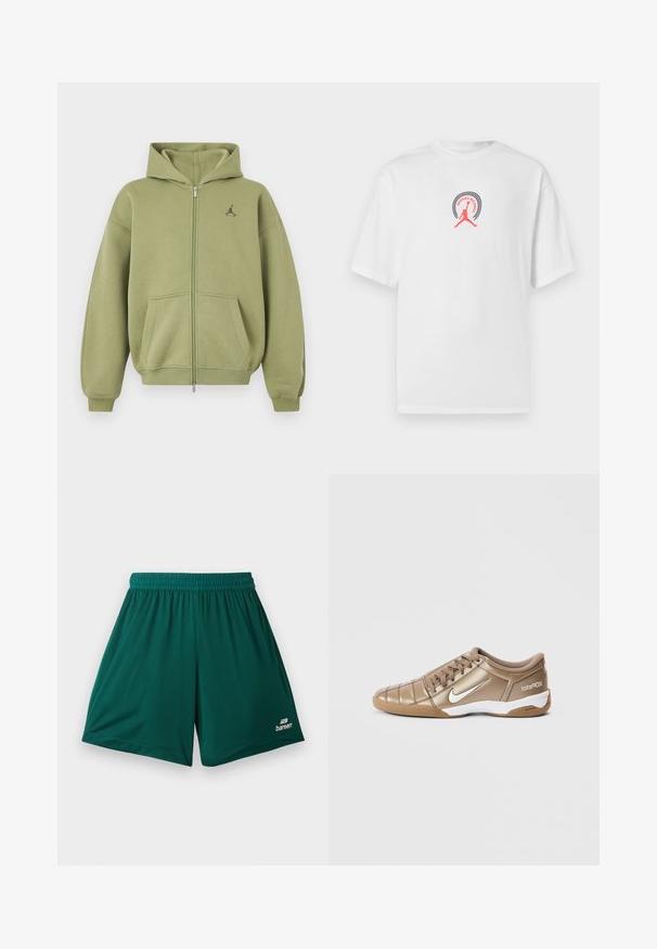 Sweat à capuche zippé vert olive avec poches avant, poignets et ourlet côtelés, capuche et petit logo noir sur la partie supérieure gauche de la poitrine.; T-shirt en coton blanc avec un col rond, présentant un logo graphique noir et rose d'une silhouette sautante et le texte "BROKEN RECORDS".; Shorts de sport en mesh vert foncé avec ceinture élastique et petit logo blanc « bareera » sur la partie inférieure de la jambe droite.; Chaussures de football Nike Total 90 III en or métallique avec un swoosh blanc, présentant une texture lisse, un design à lacets et une semelle en caoutchouc.