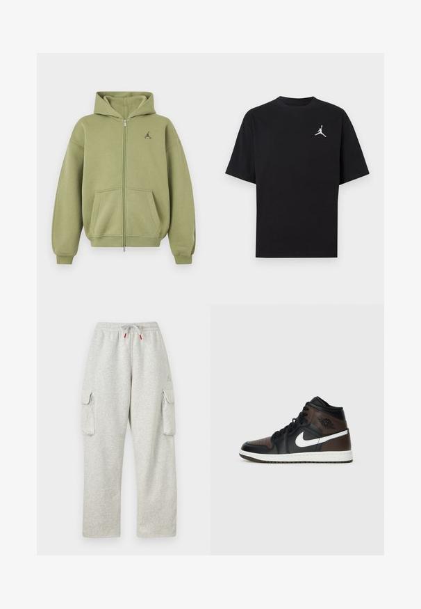 Olivgrüner Kapuzenpullover mit Reißverschluss, Fronttaschen, gerippten Bündchen und Saum, Kapuze und kleinem schwarzem Logo auf der oberen linken Brust.; Schwarzes Baumwoll-T-Shirt mit kurzen Ärmeln, versehen mit einem weißen Jumpman-Logo auf der linken Brust. Rundhalsausschnitt, normale Passform und glatte Textur.; Hellgraue Sweatpants mit elastischem Bund, Kordelzug mit roten Enden und großen Klappentaschen auf beiden Oberschenkeln.; Schwarze und braune High-Top-Sneaker mit Obermaterial aus Leder, weißem Swoosh-Logo, perforierter Zehenpartie und Gummisohle. Mit schwarzen Schnürsenkeln und Kragen.