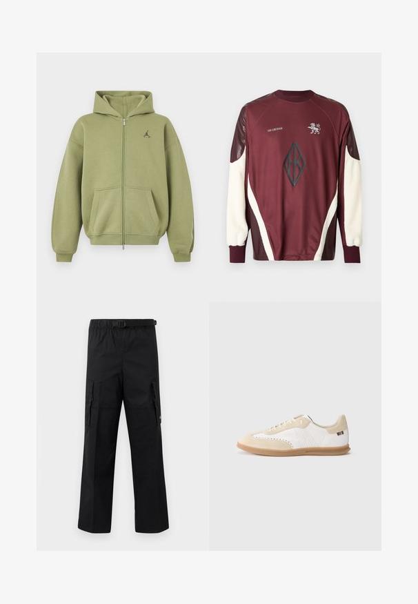 Olifgroene hoodie met rits, voorzakken, geribbelde manchetten en zoom, capuchon en klein zwart logo op de bovenste linkerborst.; Bordeauxrode sweatshirt met crèmekleurige en donkerbruine accenten. Voorzien van een getextureerd voorlogo, raglanmouwen en elastische manchetten.; Zwarte cargobroek met een wijde pasvorm, een verstelbare tailleband met een gesp en twee zijzakken voor opslag. Lichtgewicht stof.; Witte sneaker met lichtbeige suède accenten, geperforeerde details, platte veters en een zool van gumrubber. Voorzien van gestreepte branding op de hiel.