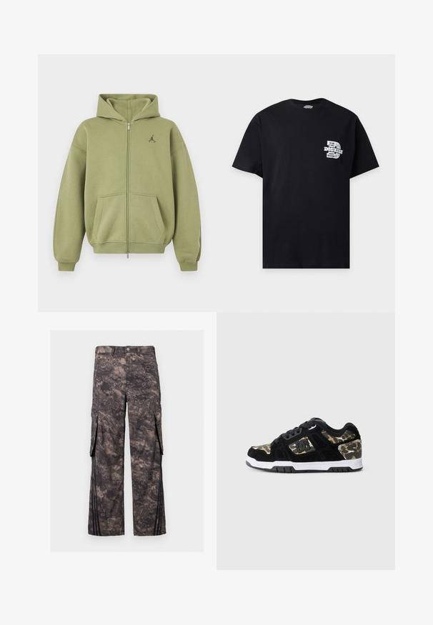 Olifgroene hoodie met rits, voorzakken, geribbelde manchetten en zoom, capuchon en klein zwart logo op de bovenste linkerborst.; Zwart T-shirt met korte mouwen en een klein wit Dickies-logo en tekst op het linker borstzakgebied.; Donkergrijze cargobroek met abstract camouflagepatroon, knoop en rits aan de voorkant, zijflapzakken en zwarte verticale strepen bij de zoom.; Zwarte suède sneaker met een camouflagemotief aan de zijkant, witte tussenzool en zwarte rubberen zool. Bevat veters en logo-details aan de zijkant.