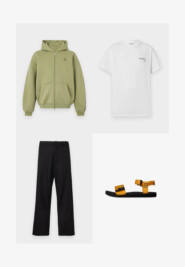 Sudadera con capucha verde oliva con cremallera, con bolsillos delanteros, puños y bajo de canalé, capucha y pequeño logo negro en la parte superior izquierda del pecho.; Camiseta blanca de manga corta hecha de algodón con un cuello redondo. Cuenta con un pequeño logo impreso en negro en el lado izquierdo del pecho. Corte estándar.; Pantalones negros de pierna recta con cierre de botón y cremallera, trabillas para cinturón, mostrados extendidos sobre un fondo claro.; Sandalia de tela amarilla con dos correas ajustables, suela de goma negra, plantilla texturizada y detalle de suela blanca. Vista lateral.