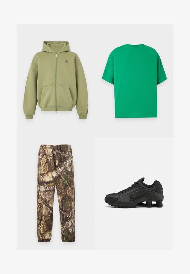 Sudadera con capucha verde oliva con cremallera, con bolsillos delanteros, puños y bajo de canalé, capucha y pequeño logo negro en la parte superior izquierda del pecho.; Camiseta verde de manga corta con cuello redondo y pequeño logo Jumpman en relieve centrado en el pecho.; Pantalones de chándal de camuflaje con un patrón natural en tonos marrón y verde, que cuentan con una cintura elástica con cordón y puños elásticos en los tobillos.; Zapatillas de running negras con un upper sintético liso, detalles perforados, paneles laterales texturizados y una suela distintiva y elástica.