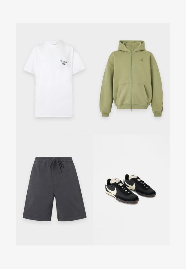 Sweat à capuche zippé vert olive avec poches avant, poignets et ourlet côtelés, capuche et petit logo noir sur la partie supérieure gauche de la poitrine.; T-shirt blanc à manches courtes avec le logo "Carhartt Wip" en écriture noire sur la poitrine gauche et un col rond.; Shorts gris foncé longueur genou avec taille élastique et cordon de serrage à l'avant, en tissu doux.; Chaussures de sport noires avec une tige texturée, logo swoosh blanc et semelle en caoutchouc dotée de petits crampons pour une meilleure traction. Col de couleur crème.