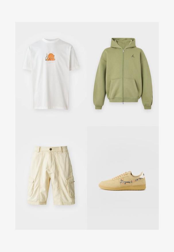 Olivengrøn hættetrøje med lynlås, forlommer, ribstrikkede manchetter og kant, hætte og lille sort logo på øverste venstre bryst.; Hvid bomulds t-shirt med rund halsudskæring. Forsiden viser en orange tegneseriefigur omgivet af blomster og tekst i pink.; Knælang cargo shorts i lysebeige stof med knaplukning, to store sidelommer og synlige stiksyninger.; Tan ruskinds sneakers med et struktureret orange og sort mønster på swooshen, flade snørebånd og en hvid hælflap med brandnavnet.