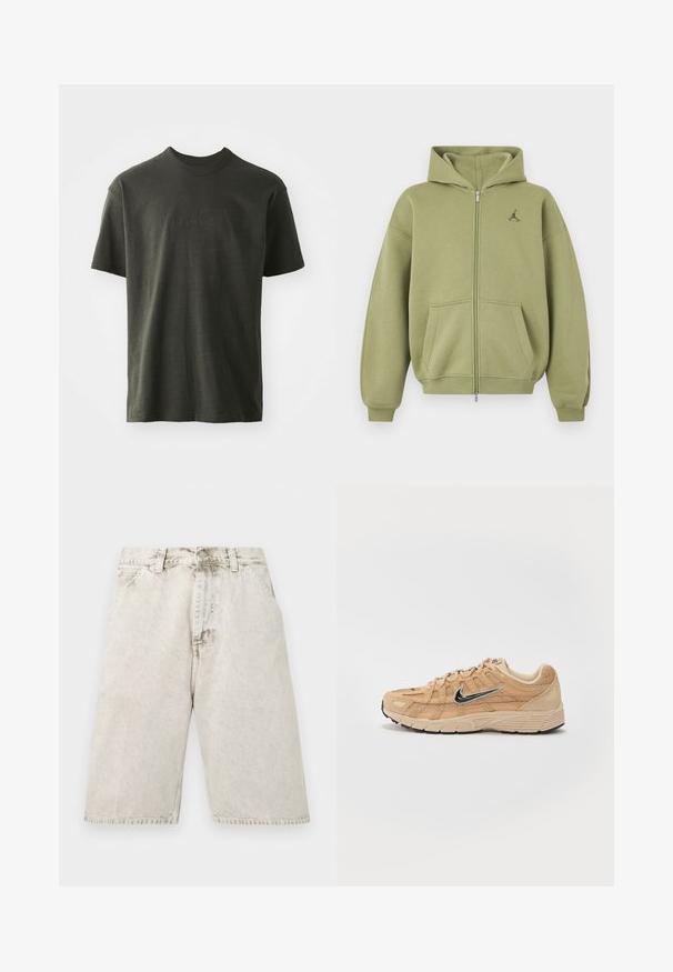 Sudadera con capucha verde oliva con cremallera, con bolsillos delanteros, puños y bajo de canalé, capucha y pequeño logo negro en la parte superior izquierda del pecho.; Camiseta verde oscura de tela suave, con cuello redondo y mangas cortas. Logo "nike" bordado en un verde ligeramente más oscuro.; Pantalones cortos de mezclilla desgastada en gris claro, con bolsillos delanteros, presillas para cinturón y cierre de botón, mostrados planos sobre un fondo blanco.; Zapatilla deportiva beige con materiales de malla y ante, silueta curva, suela negra, prominente logo plateado de Nike en el lateral y acentos texturizados.