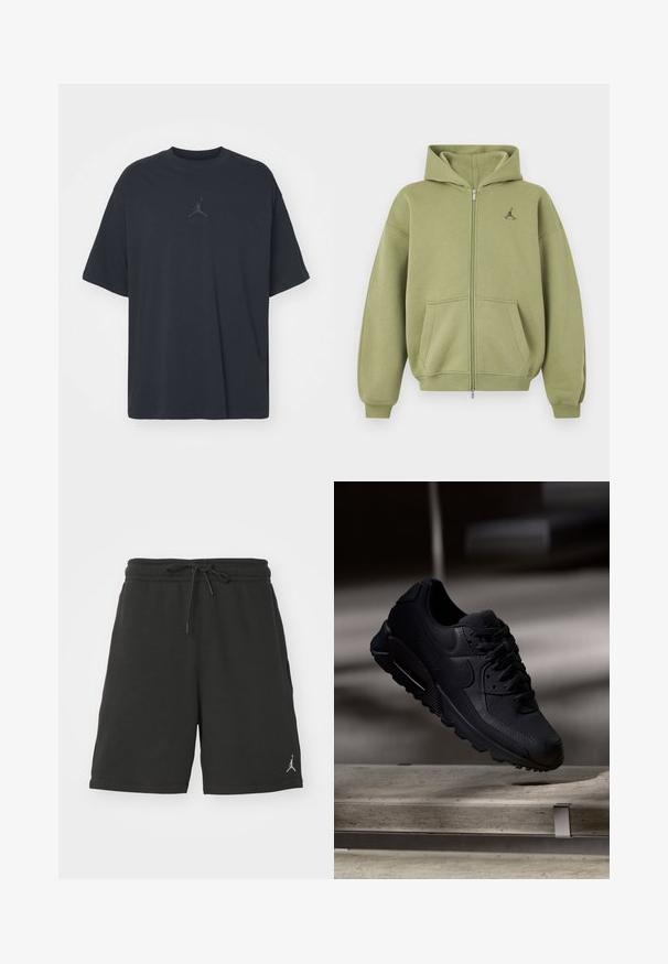 Sweat à capuche zippé vert olive avec poches avant, poignets et ourlet côtelés, capuche et petit logo noir sur la partie supérieure gauche de la poitrine.; T-shirt en coton noir avec une coupe ample, col rond, manches courtes, comportant un logo discret et le texte "AIR" au-dessus du logo au centre.; Shorts de sport noirs en tissu doux, dotés d'une taille élastique avec cordon de serrage, de poches latérales et d'un petit logo sur la jambe gauche.; Baskets Nike Air Max 90 noires avec une tige en maille texturée, des accents en cuir lisse, un col rembourré et un coussin d'air visible dans la semelle.