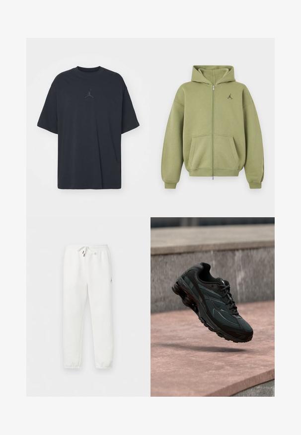 Olivengrøn hættetrøje med lynlås, forlommer, ribstrikkede manchetter og kant, hætte og lille sort logo på øverste venstre bryst.; Sort bomuld T-shirt med løs pasform, rund hals, korte ærmer, med et diskret logo og teksten "AIR" over logoet i centrum.; Hvide joggers med elastisk talje og snøre, ankelmanchetter og lille Jordan-logo på venstre lår.; Sort atletisk sneaker med synligt luftdæmpende mellemsål, der svæver over en pink stenoverflade med en grå stenvæg i baggrunden.