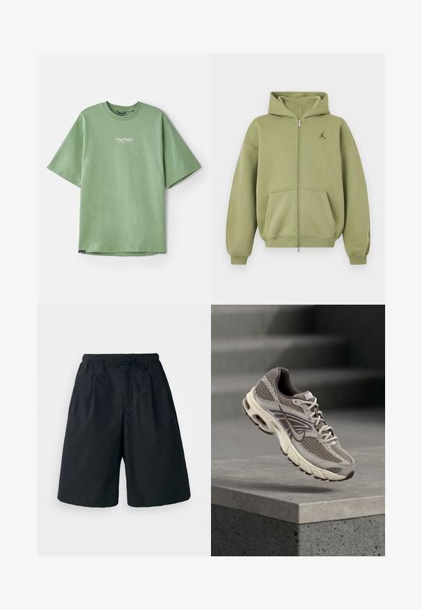 Olivengrøn hættetrøje med lynlås, forlommer, ribstrikkede manchetter og kant, hætte og lille sort logo på øverste venstre bryst.; Grøn kortærmet t-shirt lavet af bomuld, med rund hals og et lille hvidt logo på brystet. Glat tekstur, afslappet pasform.; Sorte shorts med elastisk talje og justerbar snor. Lavet af et glat stof, med en løs pasform og uden synlige mønstre.; Grå og beige Nike løbesko, der svæver i luften over en betonkant med slørede trapper i baggrunden.