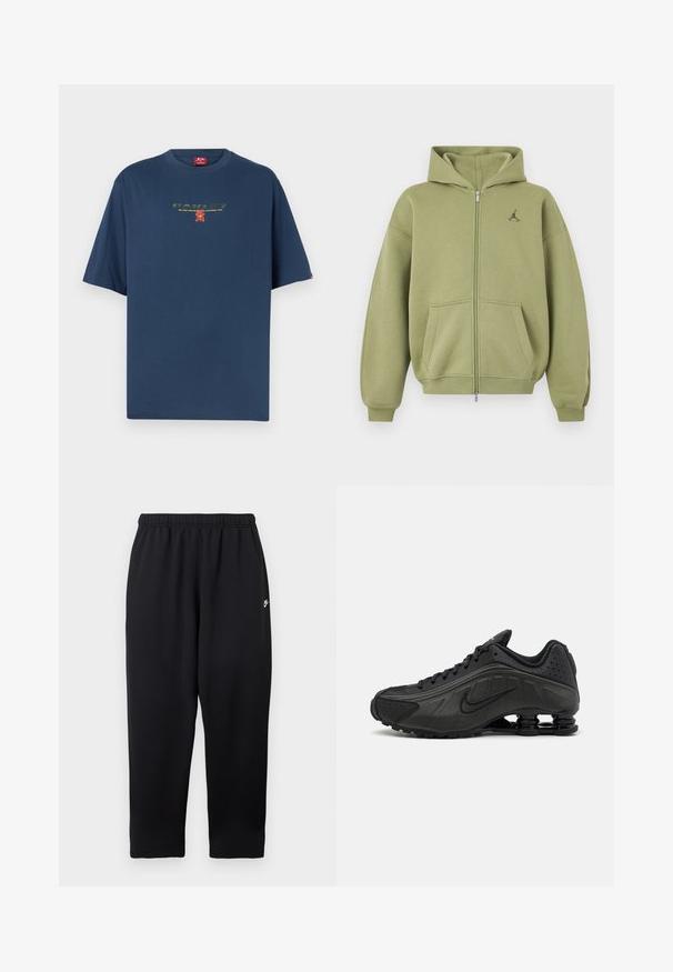 Sweat à capuche zippé vert olive avec poches avant, poignets et ourlet côtelés, capuche et petit logo noir sur la partie supérieure gauche de la poitrine.; T-shirt bleu marine à manches courtes avec un petit texte imprimé et un graphique rouge et jaune centré sur la poitrine.; Pantalon de survêtement noir avec une taille élastique, présentant un petit logo blanc sur le côté gauche. Fabriqué en tissu doux et léger. Coupe droite.; Baskets de course noires avec une tige en synthétique lisse, des accents perforés, des panneaux latéraux texturés et une semelle distincte et rebondissante.