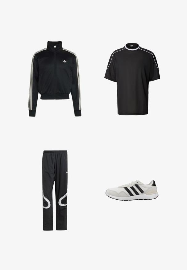 Sort Adidas jakke med lynlås med hvide tre striber på ærmerne og Adidas trekløverlogo på venstre bryst.; Sort sportstrøje med korte ærmer, hvide kanter langs skuldre og krave, åndbart mesh-stof og rund halsudskæring.; Sorte træningsbukser med elastisk talje, der har store hvide buede detaljer på siderne og et lille logo på den øverste lår.; Hvide atletiksko med sorte striber. Fremstillet af mesh og ruskind, med gummisål og polstret krave for komfort. Klassisk design.
