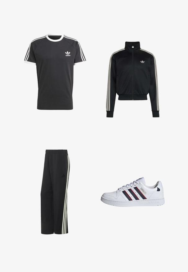 Chaqueta negra con cremallera de Adidas con tres rayas blancas en las mangas y el logo trébol de Adidas en el pecho izquierdo.; Camiseta negra con cuello y ribetes de las mangas en blanco, que presenta tres franjas horizontales blancas en cada hombro y un pequeño logo de Adidas en blanco.; Pantalones deportivos negros Adidas con cintura elástica y tres rayas blancas que recorren los lados exteriores de cada pierna.; adidas Originals Zapatillas - white