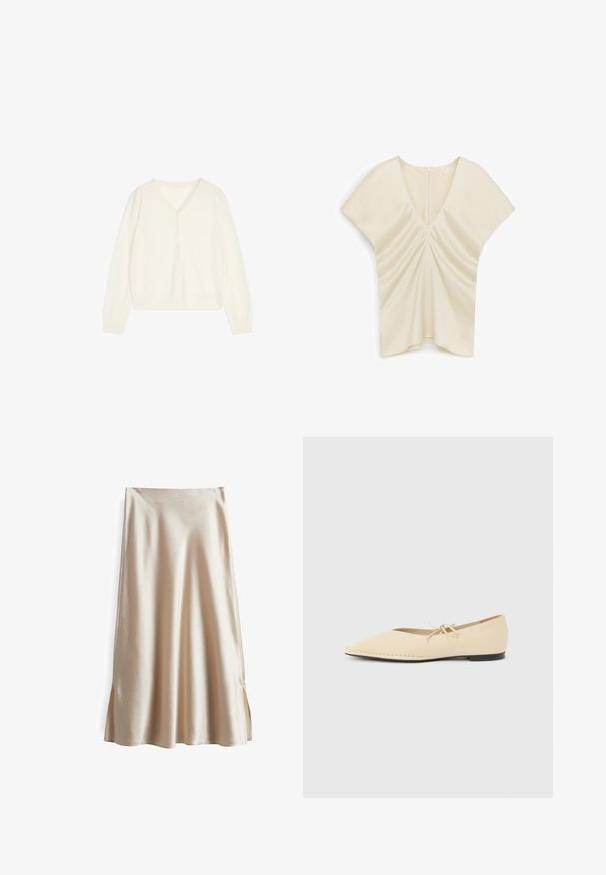 Langärmeliger, cremefarbener Cardigan mit Knöpfen vorne und V-Ausschnitt, dargestellt auf weißem Hintergrund.; Cremefarbene Bluse mit kurzen Ärmeln, V-Ausschnitt, gerafften Details vorne und Reißverschluss auf der Rückseite, dargestellt auf weißem Hintergrund.; Satinrock in einem hellbeigen Farbton, mit einem glatten Material, ausgestelltem Design und seitlichen Schlitzen für bessere Bewegungsfreiheit.; Beiger flacher Schuh mit spitz zulaufender Zehenkappe, einer kleinen Schleife oben und einer schwarzen Sohle, seitlich auf einem einfarbigen hellen Hintergrund gezeigt.