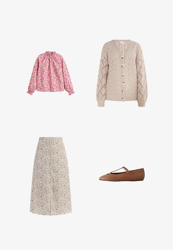 Beige strikket cardigan med v-udskæring, kabelstrikkedesign, diamantmønstre og fem knapper med struktureret finish.; Blomsterbluse med en sammensnøret halsudskæring og manchetter, med en pink baggrund og røde samt lilla blomster, lavet af letvægtsstof.; Blomstret midilang nederdel i let stof. Har en cremegul bund med flerfarvede små blomster mønstre, lige snit, og skjulte knapper.; Brun flad sko med spids tå, T-rem og lille spænde på hvid baggrund.