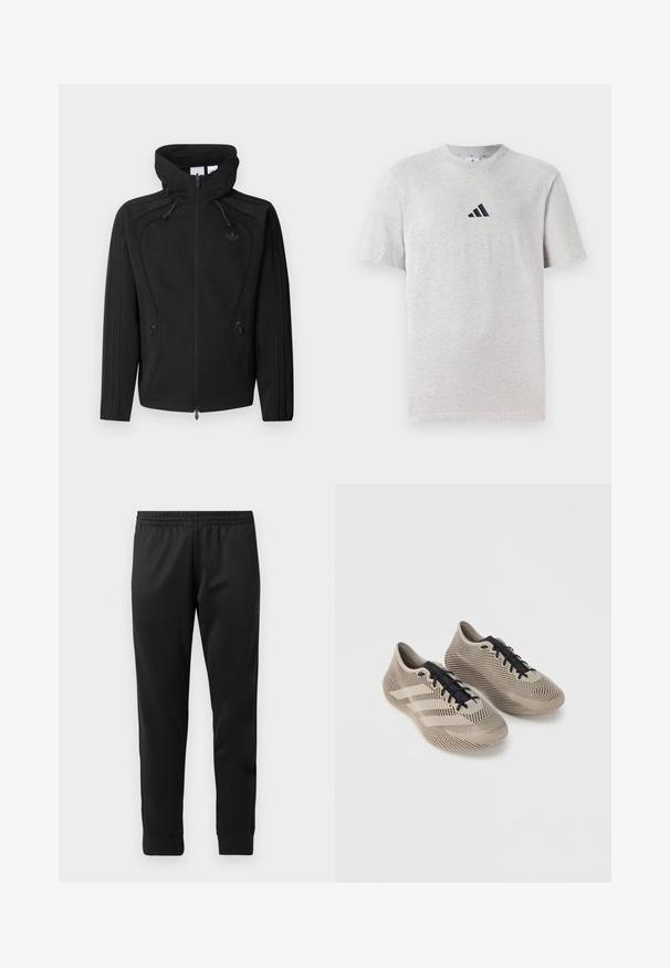 Chaqueta negra con cremallera frontal, cuello alto, capucha con cordón, bolsillos laterales con cremallera y logotipo discreto en el pecho, mostrada sobre un fondo liso.; Camiseta de algodón gris de manga corta, con cuello redondo, que presenta un pequeño logo negro de tres rayas en la parte superior izquierda del pecho.; Pantalones deportivos negros hechos de una tela suave, con una cinturilla elástica, piernas ajustadas y puños ribeteados en los tobillos.; Par de zapatillas deportivas beige con cordones negros, con un patrón texturizado a rayas y tres franjas laterales sobre un fondo liso.
