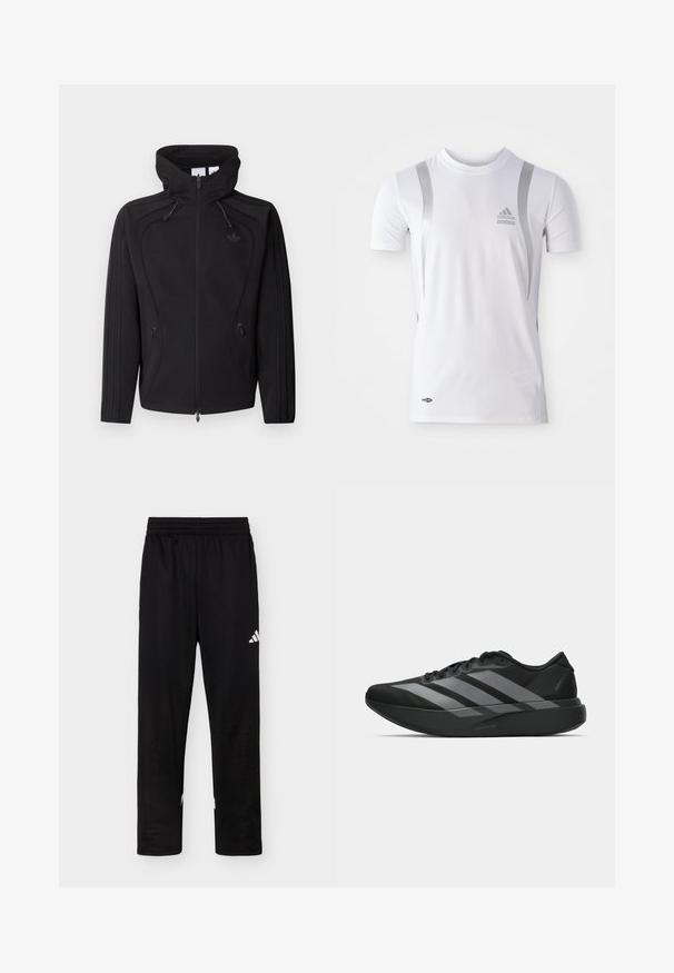 Veste noire zippée avec col montant, capuche à cordon de serrage, poches latérales zippées et logo discret sur la poitrine, présentée sur un fond uni.; T-shirt de sport blanc à manches courtes avec des accents argentés, présentant un col rond et un logo Adidas sur la poitrine. Fabriqué en tissu évacuant l'humidité.; Pantalon de sport noir avec taille élastique et logo Adidas blanc sur la cuisse droite sur fond uni.; Chaussures de sport noires au design léger, présentant trois rayures grises marquées, une texture lisse et une semelle profilée.