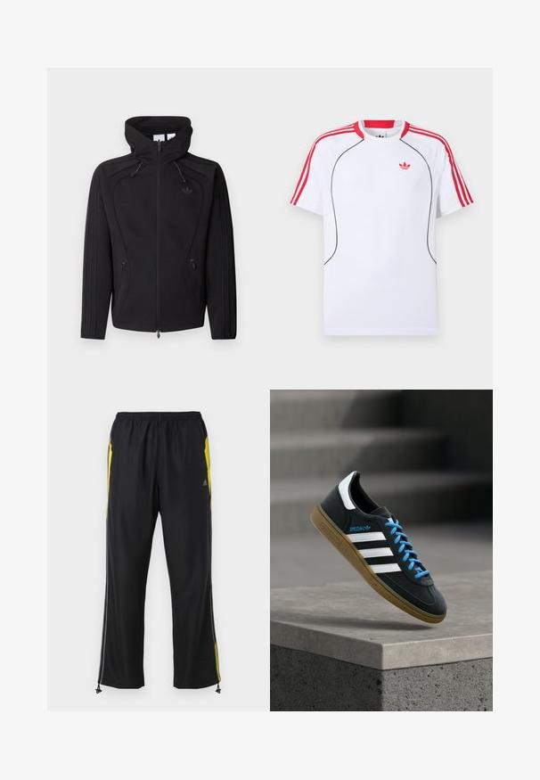 Sort lynlåsjakke med høj krave, snøre i hætten, lynlåslommer på siderne og diskret logo på brystet, vist på ensfarvet baggrund.; Hvid kortærmet sportstrøje med røde striber på skuldre og ærmer, sort piping foran og rødt Adidas trefoil-logo på brystet.; Sorte træningsbukser med gule sideaccenter, elastisk talje og lynlåslommer på siden. Fremstillet af let og glat stof.; Sort Adidas sneaker med hvide striber, blå snørebånd og gummisål, der svæver over gråt betontrin i blødt lys.