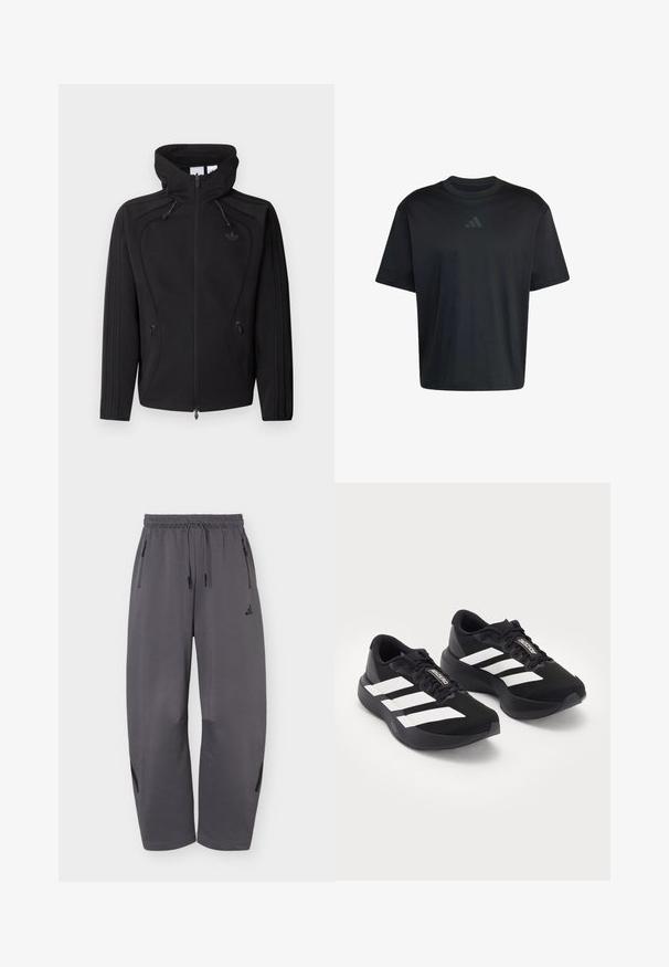 Veste noire zippée avec col montant, capuche à cordon de serrage, poches latérales zippées et logo discret sur la poitrine, présentée sur un fond uni.; T-shirt noir manches courtes col rond avec un logo Adidas gris foncé subtil centré sur la poitrine.; Pantalon de sport ample gris foncé avec taille élastique, cordons, poches latérales zippées et logo discret de la marque sur la cuisse gauche.; Paire de chaussures de course noires avec des bandes blanches et le logo "Adizero" sur les lacets, présentée sur un fond clair uni.