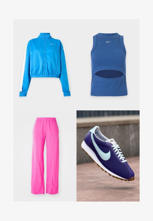 Veste de sport bleue zippée avec des bandes blanches sur les manches, taille élastique et petit logo Nike blanc sur la poitrine gauche.; Crop top Nike bleu sans manches avec col montant et découpe au niveau du ventre, tissu côtelé, et logo Swoosh blanc au centre devant.; Pantalons de survêtement rose, ample et léger, avec une taille élastique et des coutures latérales. Présente un petit logo près de la cuisse supérieure gauche.; Baskets Nike violettes avec un swoosh bleu clair, des lacets blancs et une semelle en caoutchouc, présentées en suspension au-dessus d'une surface en béton en extérieur.
