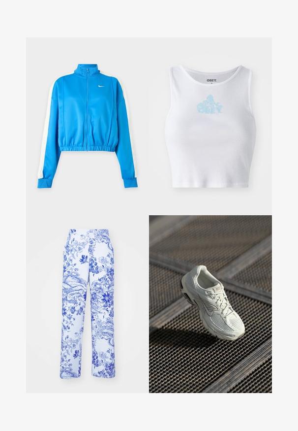 Veste de sport bleue zippée avec des bandes blanches sur les manches, taille élastique et petit logo Nike blanc sur la poitrine gauche.; Crop top blanc à côtes avec un col rond et un logo "OBEY" bleu clair centré sur la poitrine. Texture lisse et design ajusté.; Pantalon blanc avec imprimé floral et paysage bleu, présentant une coupe droite et des poches latérales. Le tissu a une finition texturée.; Baskets de course Nike blanches avec une tige en maille et synthétique reposant sur un revêtement de sol en grille métallique, sous une lumière naturelle douce.