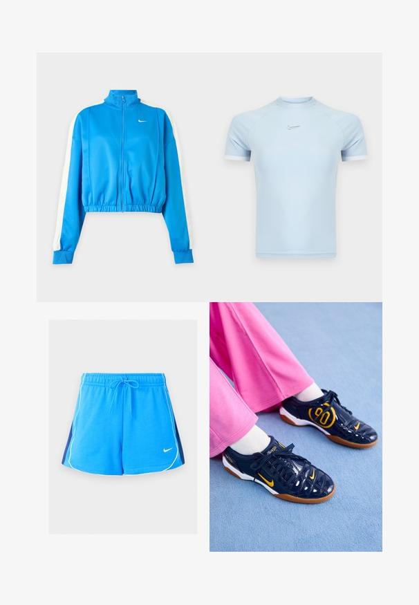 Blå sport jakke med lynlås, hvide striber på ærmerne, elastisk talje og et lille hvidt Nike-logo på venstre bryst.; Lyseblå atletisk t-shirt med korte ærmer lavet af glat stof. Har rund halsudskæring og subtilt Nike-logo på brystet med hvide detaljer.; Blå atletikshorts med hvide kanter langs kanterne, navyblå sidestykker, elastisk talje, snøre og lille hvid Nike-logo foran.; Mørkeblå syntetiske sneakers med orange accenter, der har en struktureret overdel, hvid sål og sorte snørebånd. Sammen med lyserøde bukser med vide ben.
