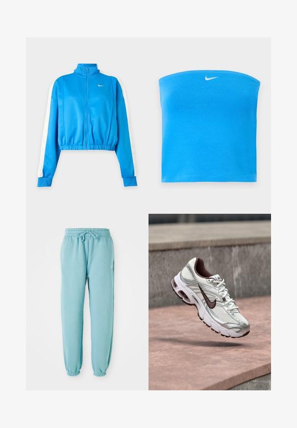 Sinine spordijakk lukuga, valgete triipudega varrukatel, elastse vöökohaga ja väikese valge Nike logoga vasakul rinnal.; Erksinise sinine Nike õlavaba tuubitops valge Swooshi logoga, mis asub tsentraalselt peaaegu ülemise ääre juures.; Heledad sinised dressipüksid, mis on valmistatud pehmest kangast, millel on elastne vöökoht, nöörikujundus ja elastsed mansetid pahkluudel. Küljel väike logo.; Valge ja hõbedane Nike jooksujalats musta Swooshi logoga, mis ripub betoonpinna kohal õues.