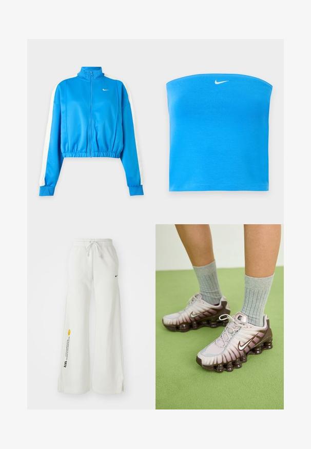 Modrá športová bunda na zips s bielymi pásmi na rukávoch, elastickým pásom a malým bielym logom Nike na ľavej strane hrudníka.; Svetlomodrý bezramienkový tube top značky Nike s bielym logom Swoosh umiestneným v strede blízko horného okraja.; Biele široké teplákové nohavice s elastickým pásom, šnúrkou, bočnými rozparkami, čiernym logom Nike a kontrastným žltým grafickým textom.; Nike tenisky v svetlo ružovej a hnedej farbe, s textúrovaným zvrškom, vrstveným dizajnom a podrážkou s odpružením a viditeľnými vzduchovými jednotkami.