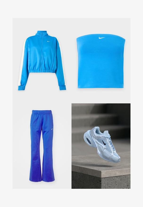 Sinine spordijakk lukuga, valgete triipudega varrukatel, elastse vöökohaga ja väikese valge Nike logoga vasakul rinnal.; Erksinise sinine Nike õlavaba tuubitops valge Swooshi logoga, mis asub tsentraalselt peaaegu ülemise ääre juures.; Heledad sportlikud püksid eredas sinises, millel on elastne vöökoht, kaks küljetaskut ja väike valge logo esiküljel.; hele sinise spordijalats võrkpaneelidega, ümarate joontega, tekstureeritud detailidega ja musta logoga. Omaduseks nähtav õhkpadjandus tallas.