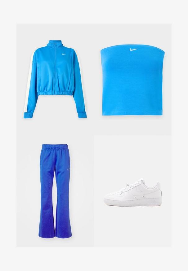 Blå sport jakke med lynlås, hvide striber på ærmerne, elastisk talje og et lille hvidt Nike-logo på venstre bryst.; Lyseblå Nike tube top uden stropper med hvid Swoosh-logo centreret nær den øverste kant.; Bredde sportbukser i lys blå, med elastisk talje, to sidelommer og et lille hvidt logo foran.; Lavtop hvid sneaker med perforeret tå, snørelukning, tekstureret sål og et diskret swoosh-logo på siden.