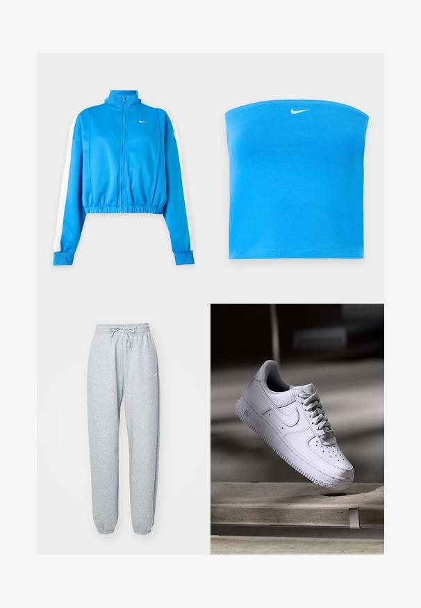 Blå sport jakke med lynlås, hvide striber på ærmerne, elastisk talje og et lille hvidt Nike-logo på venstre bryst.; Lyseblå Nike tube top uden stropper med hvid Swoosh-logo centreret nær den øverste kant.; Lysgrå sweatpants lavet af blød bomuldsblanding, med elastisk talje og snoretræk, tapered ben og ribbede manchetter. Minimal brandingdetalje.; Hvid Nike Air Force 1 sneaker svævende over en betonoverflade med skygger i et minimalistisk miljø.