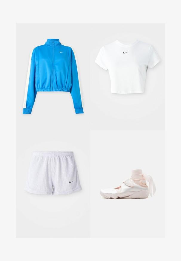 Blue zip-up sports jacket with white stripes on sleeves, elastic waist, and a small white Nike logo on the left chest.; White cropped t-shirt made of cotton, featuring short sleeves and a round neckline, with a black Nike logo on the chest.; White, ribbed athletic shorts with an elastic waistband and small black Nike logo on the lower left side. Plain, minimalist design.; White and pale pink sneaker with soft fabric ankle wrap tied in a bow, featuring adjustable strap and rounded sole.