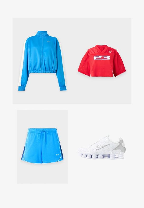 Modrá športová bunda na zips s bielymi pásmi na rukávoch, elastickým pásom a malým bielym logom Nike na ľavej strane hrudníka.; Červený krátky športový dres so širokými rukávmi, sieťovaný materiál, číslo 23 v bielej farbe vpredu a malá logo štítu v pravom hornom rohu.; Modré športové šortky s bielymi lemami na okrajoch, tmavomodré bočné panely, elastický pás, šnúrka a malé biele logo Nike vpredu.; Biele športové topánky s jemnou sieťovinou na hornej časti, striebornými detailmi a jedinečným dizajnom podpätka v tvare cievky. Majú polstrovaný golier a šnurovanie pre lepšie udržanie na nohe.