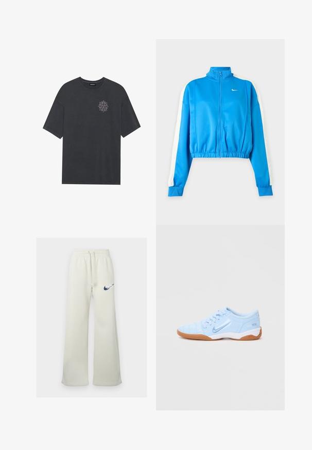 Blauwe sportjas met ritssluiting, witte strepen op de mouwen, een elastische taille en een klein wit Nike-logo op de linkerborst.; Donkergrijze katoenen t-shirt met een ronde hals en korte mouwen, met een witte zonafbeelding op de linkerborst.; Crème-kleurige sweatpants van een katoenmix, met een relaxte pasvorm, elastische tailleband met trekkoord en een marineblauw Nike-logo aan de voorkant.; Lichtblauwe sportschoen met een gladde synthetische bovenkant, getextureerde accenten en een gumrubberen buitenzool. Bevat een logo aan de zijkant.