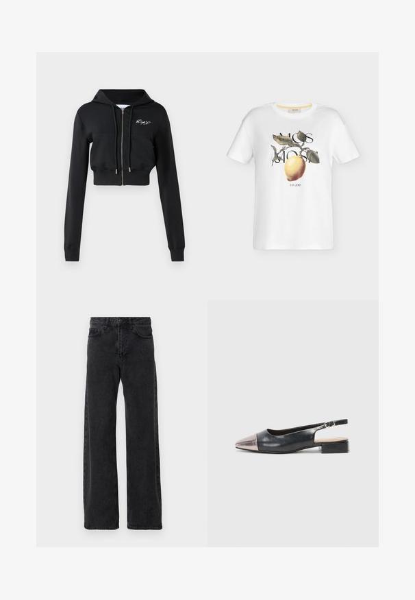 Sort cropped hoodie med lange ærmer, lynlåslukning, frontlommer og broderet design på brystet. Lavet af blødt, strækbart materiale.; Hvid t-shirt med korte ærmer med trykt gul citron og grønne blade, overlejret sort tekst med teksten "MOS MOSH" og "EST. 2010."; Sorte denimjeans med bred ben-design, der har en klassisk fem-lomme stil, knaplukning og diskret falmning.; Slingback-sko med en overdel i sort læder, en metallisk rosaguld spids tå og en lav blokhæl. Glat tekstur med et buet design.