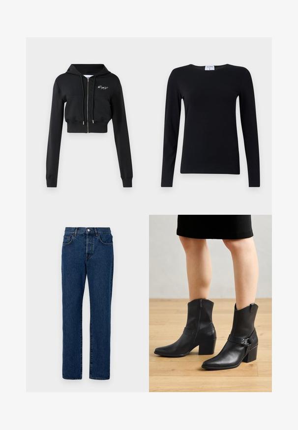 Schwarze, kurze Kapuzenjacke mit langen Ärmeln, Reißverschluss, Taschen auf der Vorderseite und gesticktem Design auf der Brust. Hergestellt aus weichem, elastischem Stoff.; Langärmliges schwarzes Shirt aus weichem Stoff, mit Rundhalsausschnitt, geradem Schnitt und minimalen Nähten für ein sauberes Erscheinungsbild.; Jeans aus Denim in Dunkelblau, mit einem klassischen geraden Schnitt, fünf Taschen und sichtbaren Nähten. Der Stoff hat eine leichte Struktur.; Schwarze Leder-Stiefeletten mit spitzem Zehenbereich, Reißverschluss, geschwungenem Absatz und einem dekorativen Riemen mit metallischen Akzenten.