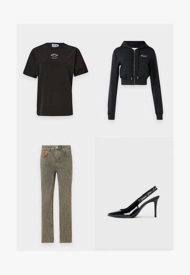 Sort cropped hoodie med lange ærmer, lynlåslukning, frontlommer og broderet design på brystet. Lavet af blødt, strækbart materiale.; Sort bomulds T-shirt med korte ærmer, med en rund halsudskæring og et hvidt broderet logo "Moschino Jeans" på brystet.; Grønne denimjeans med lige ben, der har en brun corduroy-lomme som accent og subtilt slid på hele stoffet.; Sorte patentlæder slingback hæl med spidse tæer, der har en udskåret sektion og en elastisk rem prydet med mærkenavnet.