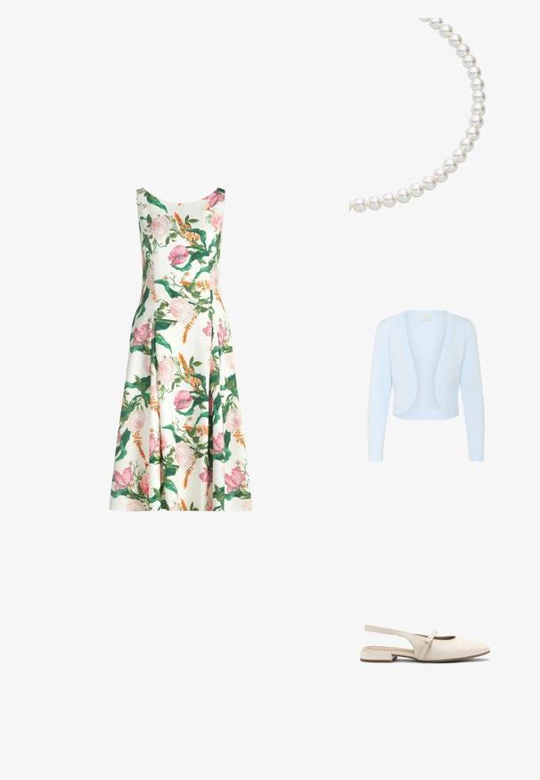Cardigan court bleu clair en tissu tricoté doux. Il se caractérise par des manches longues et un design ouvert avec des bords arrondis. Sans fermetures.; Robe midi blanche sans manches avec imprimé floral rose, orange et vert et jupe légèrement évasée.; Belles ballerines en cuir beige clair, avec un bout carré, une sangle réglable et un petit talon carré. Texture lisse et design minimal.; Collier de perles composé de perles blanches rondes et brillantes enfilées ensemble, affichant une surface lisse et une forme sphérique uniforme.