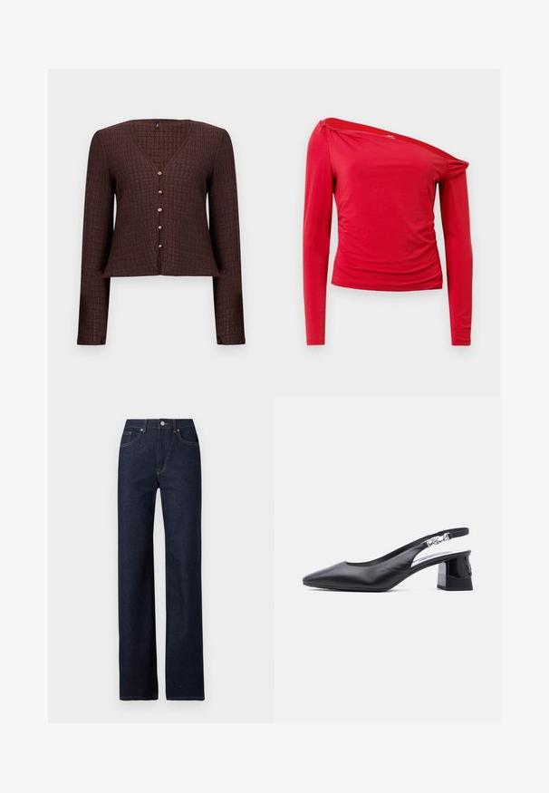 Donkerbruine, getextureerde cardigan met lange mouwen, V-hals en vijf kleine ronde knopen aan de voorkant.; Rode longsleeve top met asymmetrische halslijn, gerimpelde zijdetails en zachte, lichte stof. Gladde textuur met minimale naden.; Donkerblauwe denim jeans met een rechte pijp, klassieke vijf-pocketstijl, zichtbare stiksels en een knoopsluiting aan de voorkant.; Zwart leren slingback-schoen met puntige neus, lage blokhak en zilveren gesp op het bandje, zijaanzicht op witte achtergrond.