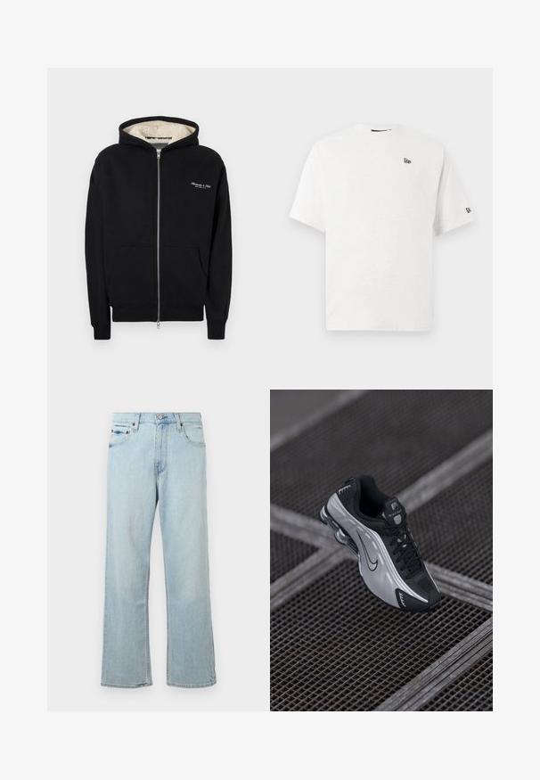 Zwarte zip-up hoodie van zachte stof, met een fleece-gevoerde capuchon, voorzakken en een wit geborduurd logo op de borst.; Witte katoenen t-shirt met korte mouwen, een ronde hals en een klein zwart logo op de linker borst en de rechter mouw.; Lichtblauwe denim jeans met een losse, wijde pasvorm. Bevat vijf zakken, riemlussen en een ritssluiting met een knoopsluiting.; Nike sportieve schoen met een zwart en zilver ontwerp. Gemaakt van synthetisch materiaal met gaasaccenten en een ondersteunende zool met zichtbare luchtvering.